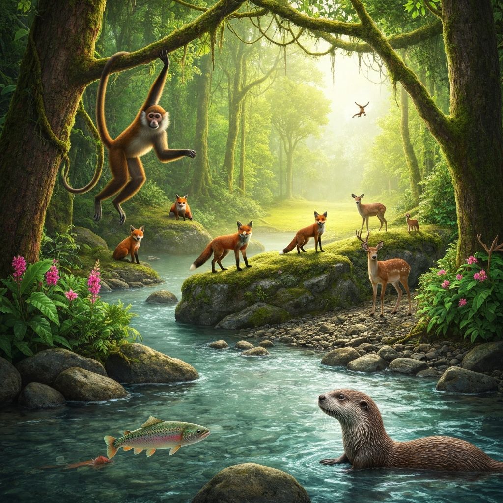 Ecosystem with various animals in nature